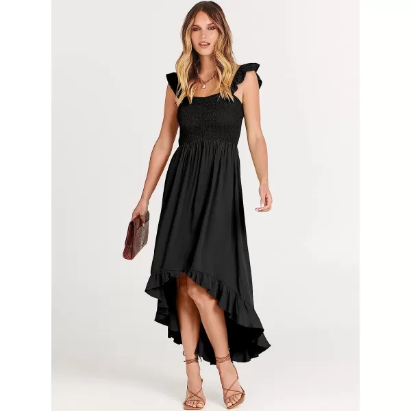 imageANRABESS Womens Summer Square Neck Strap Ruffle Sleeve Maxi Dress Smocked High Low Hem Flowy Beach Sundress with Pockets01black