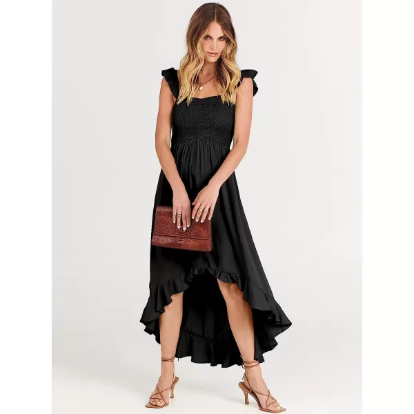 imageANRABESS Womens Summer Square Neck Strap Ruffle Sleeve Maxi Dress Smocked High Low Hem Flowy Beach Sundress with Pockets01black