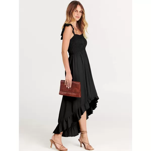 imageANRABESS Womens Summer Square Neck Strap Ruffle Sleeve Maxi Dress Smocked High Low Hem Flowy Beach Sundress with Pockets01black
