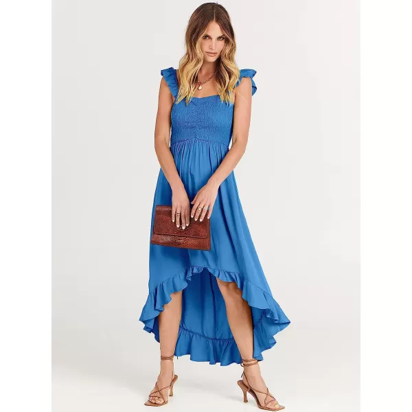 imageANRABESS Womens Summer Square Neck Strap Ruffle Sleeve Maxi Dress Smocked High Low Hem Flowy Beach Sundress with Pockets02blue