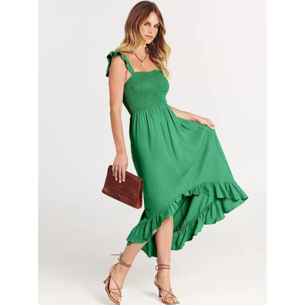imageANRABESS Womens Summer Square Neck Strap Ruffle Sleeve Maxi Dress Smocked High Low Hem Flowy Beach Sundress with Pockets03green