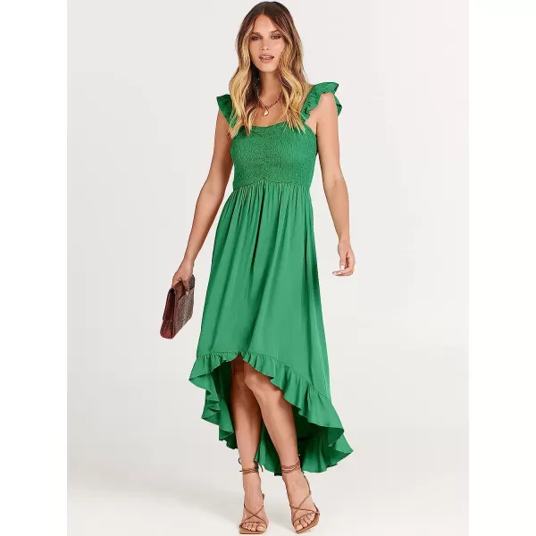 imageANRABESS Womens Summer Square Neck Strap Ruffle Sleeve Maxi Dress Smocked High Low Hem Flowy Beach Sundress with Pockets03green
