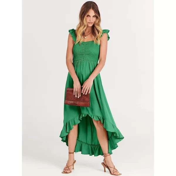 imageANRABESS Womens Summer Square Neck Strap Ruffle Sleeve Maxi Dress Smocked High Low Hem Flowy Beach Sundress with Pockets03green