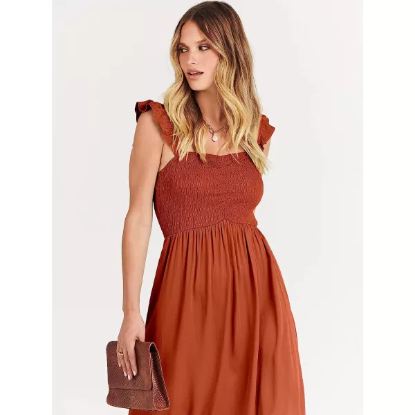 imageANRABESS Womens Summer Square Neck Strap Ruffle Sleeve Maxi Dress Smocked High Low Hem Flowy Beach Sundress with Pockets04rust
