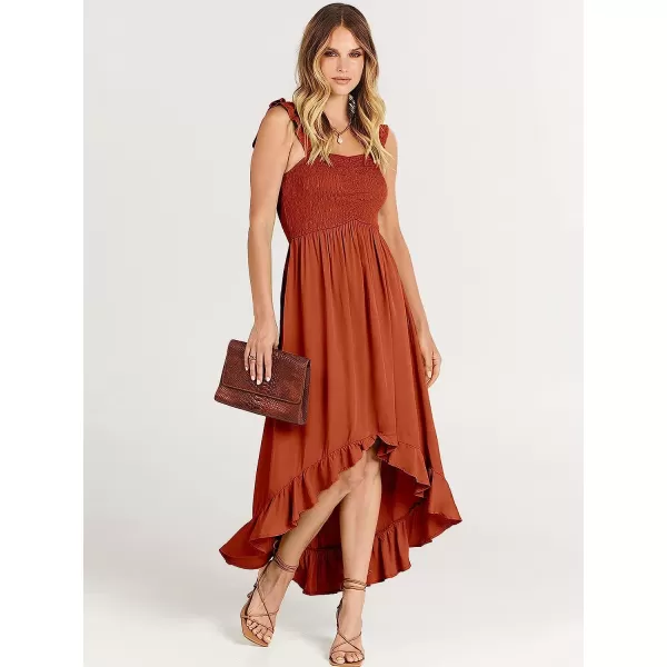 imageANRABESS Womens Summer Square Neck Strap Ruffle Sleeve Maxi Dress Smocked High Low Hem Flowy Beach Sundress with Pockets04rust