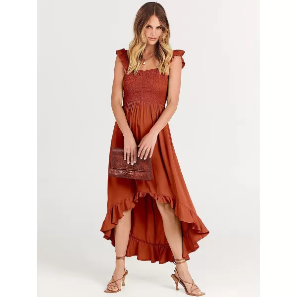 imageANRABESS Womens Summer Square Neck Strap Ruffle Sleeve Maxi Dress Smocked High Low Hem Flowy Beach Sundress with Pockets04rust
