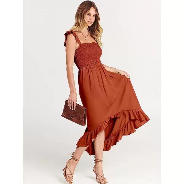 imageANRABESS Womens Summer Square Neck Strap Ruffle Sleeve Maxi Dress Smocked High Low Hem Flowy Beach Sundress with Pockets04rust