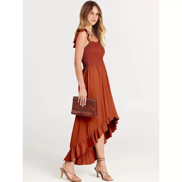 imageANRABESS Womens Summer Square Neck Strap Ruffle Sleeve Maxi Dress Smocked High Low Hem Flowy Beach Sundress with Pockets04rust