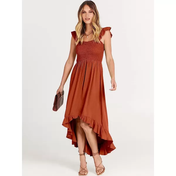 imageANRABESS Womens Summer Square Neck Strap Ruffle Sleeve Maxi Dress Smocked High Low Hem Flowy Beach Sundress with Pockets04rust