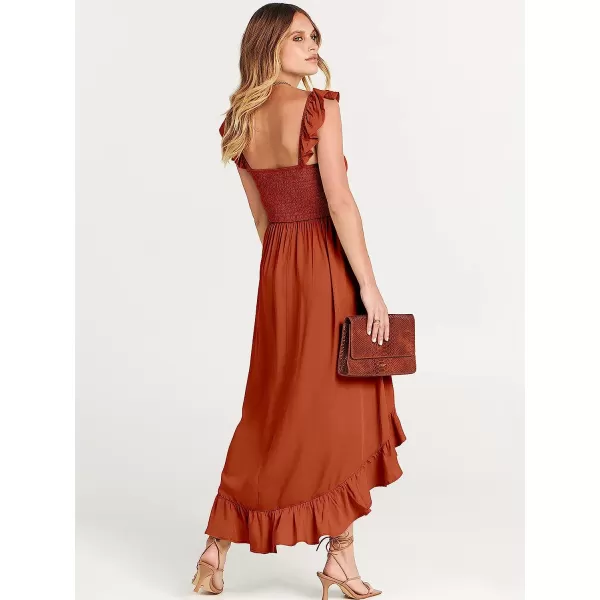 imageANRABESS Womens Summer Square Neck Strap Ruffle Sleeve Maxi Dress Smocked High Low Hem Flowy Beach Sundress with Pockets04rust