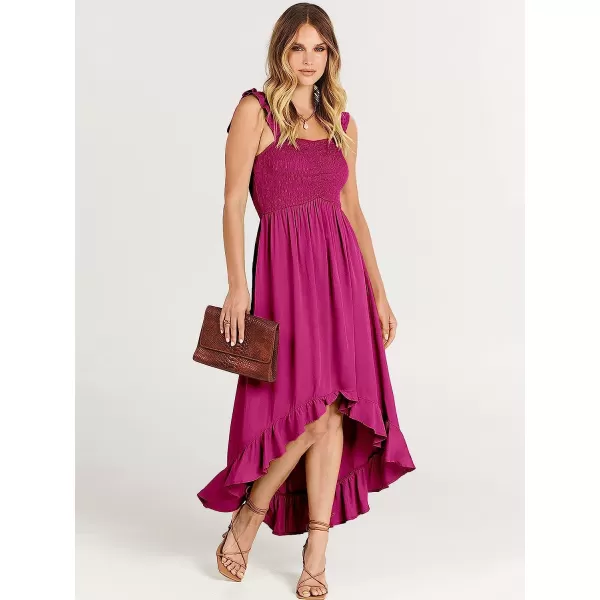 imageANRABESS Womens Summer Square Neck Strap Ruffle Sleeve Maxi Dress Smocked High Low Hem Flowy Beach Sundress with Pockets06rose