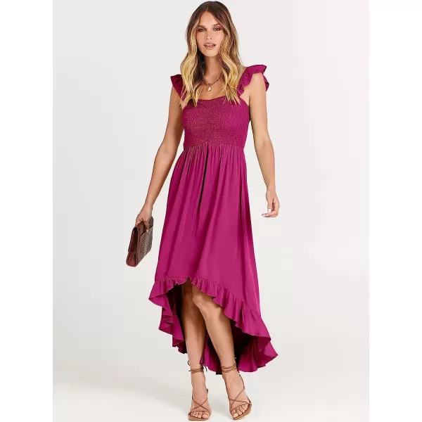 imageANRABESS Womens Summer Square Neck Strap Ruffle Sleeve Maxi Dress Smocked High Low Hem Flowy Beach Sundress with Pockets06rose