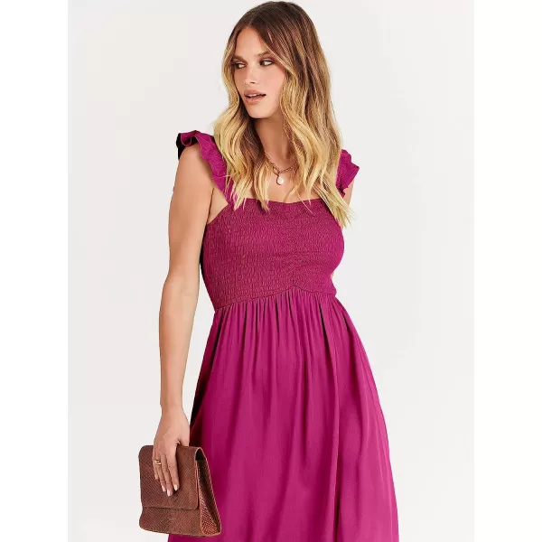 imageANRABESS Womens Summer Square Neck Strap Ruffle Sleeve Maxi Dress Smocked High Low Hem Flowy Beach Sundress with Pockets06rose