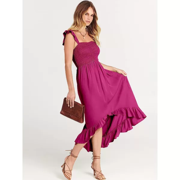 imageANRABESS Womens Summer Square Neck Strap Ruffle Sleeve Maxi Dress Smocked High Low Hem Flowy Beach Sundress with Pockets06rose