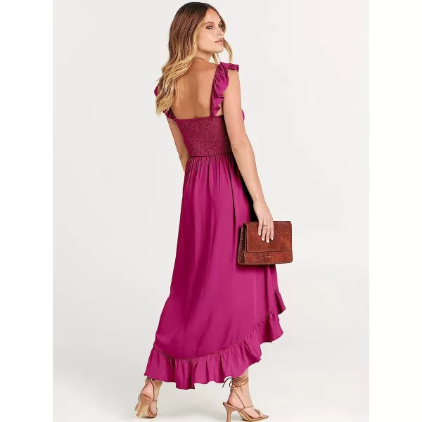 imageANRABESS Womens Summer Square Neck Strap Ruffle Sleeve Maxi Dress Smocked High Low Hem Flowy Beach Sundress with Pockets06rose