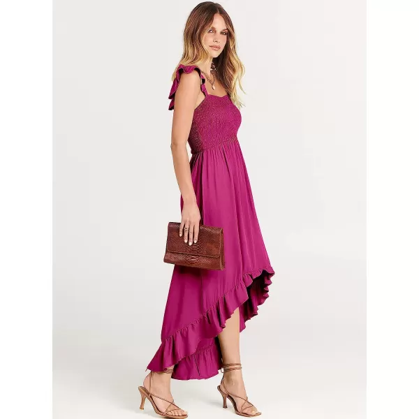 imageANRABESS Womens Summer Square Neck Strap Ruffle Sleeve Maxi Dress Smocked High Low Hem Flowy Beach Sundress with Pockets06rose
