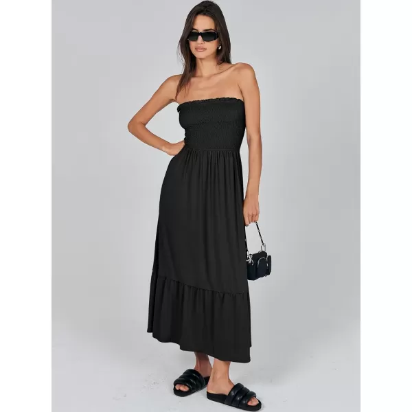imageANRABESS Womens Summer Strapless Smocked ALine Fit Flare 2024 Fashion Boho Beach Party Long Maxi Dress with PocketsBlack