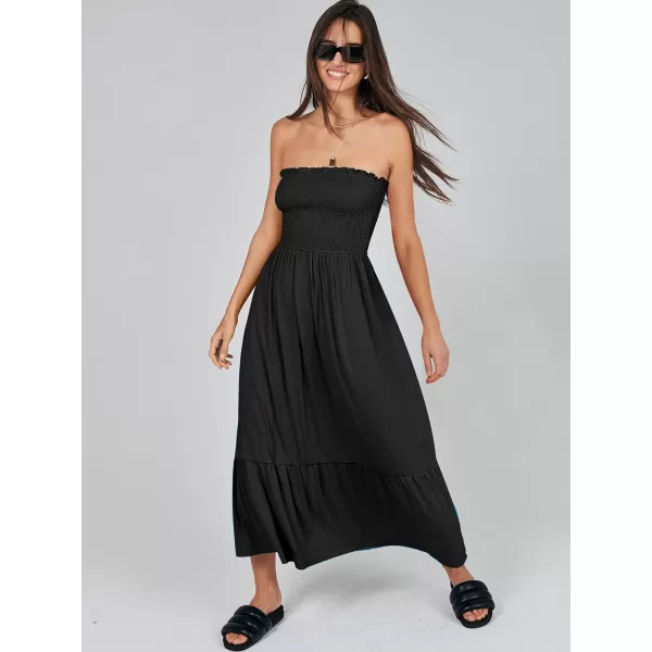 imageANRABESS Womens Summer Strapless Smocked ALine Fit Flare 2024 Fashion Boho Beach Party Long Maxi Dress with PocketsBlack