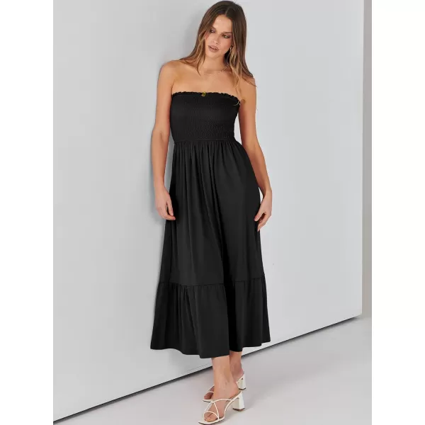 imageANRABESS Womens Summer Strapless Smocked ALine Fit Flare 2024 Fashion Boho Beach Party Long Maxi Dress with PocketsBlack