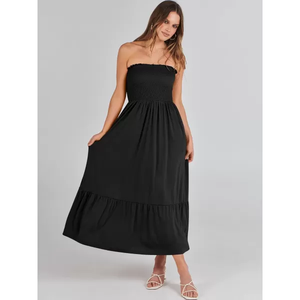 imageANRABESS Womens Summer Strapless Smocked ALine Fit Flare 2024 Fashion Boho Beach Party Long Maxi Dress with PocketsBlack