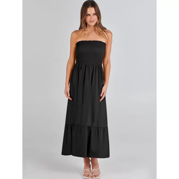 imageANRABESS Womens Summer Strapless Smocked ALine Fit Flare 2024 Fashion Boho Beach Party Long Maxi Dress with PocketsBlack