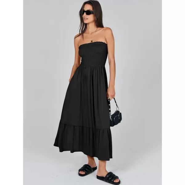 imageANRABESS Womens Summer Strapless Smocked ALine Fit Flare 2024 Fashion Boho Beach Party Long Maxi Dress with PocketsBlack