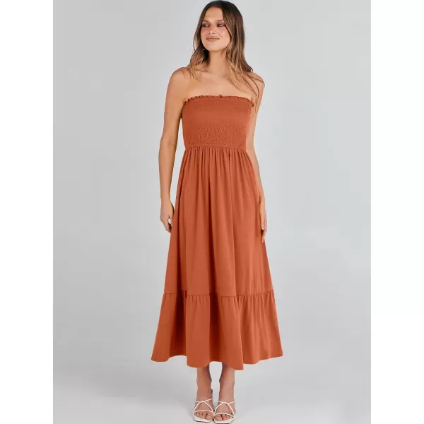imageANRABESS Womens Summer Strapless Smocked ALine Fit Flare 2024 Fashion Boho Beach Party Long Maxi Dress with PocketsBrown