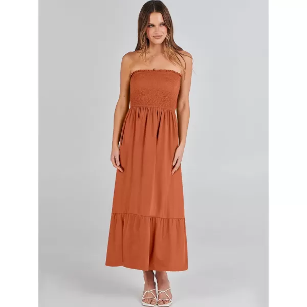imageANRABESS Womens Summer Strapless Smocked ALine Fit Flare 2024 Fashion Boho Beach Party Long Maxi Dress with PocketsBrown