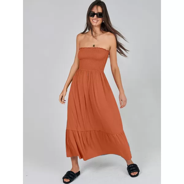 imageANRABESS Womens Summer Strapless Smocked ALine Fit Flare 2024 Fashion Boho Beach Party Long Maxi Dress with PocketsBrown