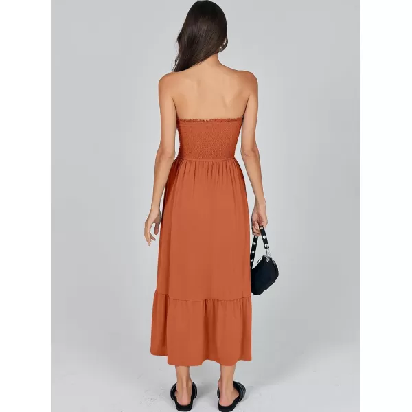 imageANRABESS Womens Summer Strapless Smocked ALine Fit Flare 2024 Fashion Boho Beach Party Long Maxi Dress with PocketsBrown