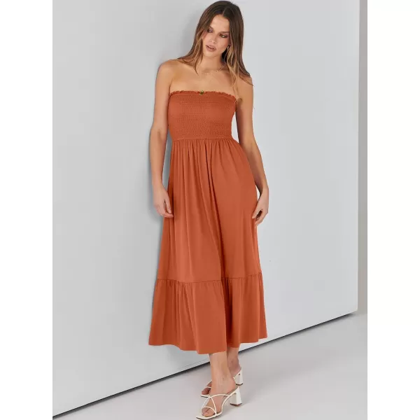 imageANRABESS Womens Summer Strapless Smocked ALine Fit Flare 2024 Fashion Boho Beach Party Long Maxi Dress with PocketsBrown