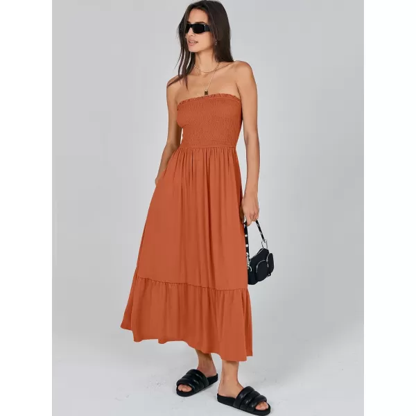 imageANRABESS Womens Summer Strapless Smocked ALine Fit Flare 2024 Fashion Boho Beach Party Long Maxi Dress with PocketsBrown
