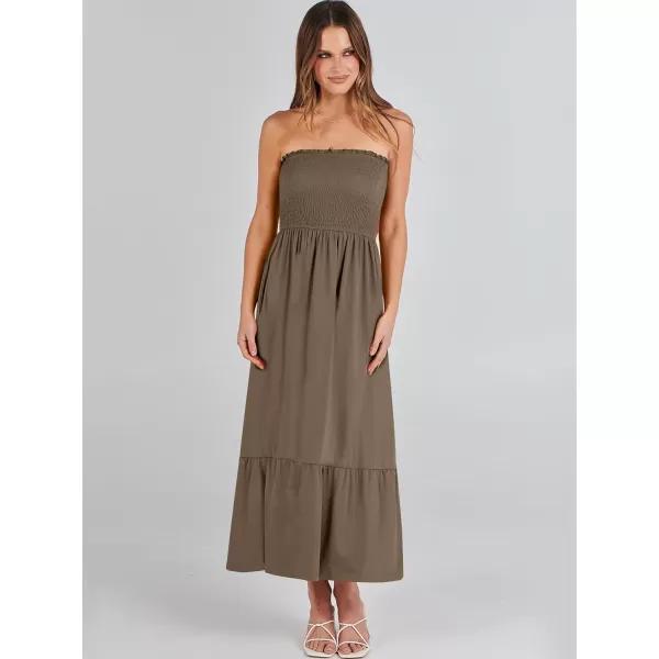 imageANRABESS Womens Summer Strapless Smocked ALine Fit Flare 2024 Fashion Boho Beach Party Long Maxi Dress with PocketsCoffee