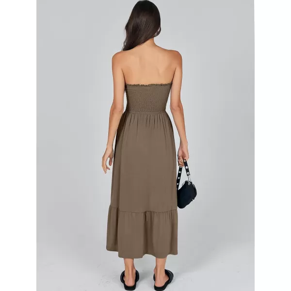 imageANRABESS Womens Summer Strapless Smocked ALine Fit Flare 2024 Fashion Boho Beach Party Long Maxi Dress with PocketsCoffee