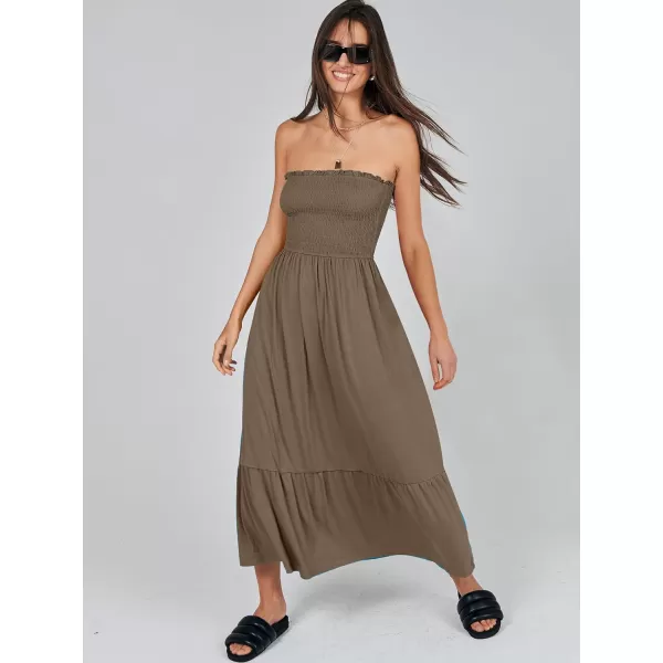 imageANRABESS Womens Summer Strapless Smocked ALine Fit Flare 2024 Fashion Boho Beach Party Long Maxi Dress with PocketsCoffee