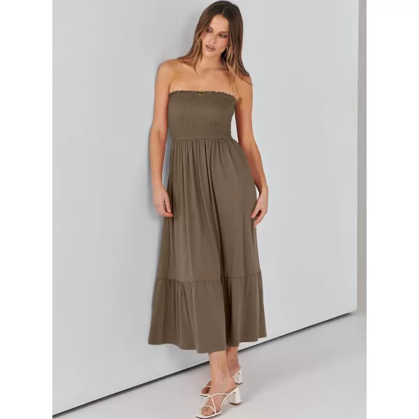 imageANRABESS Womens Summer Strapless Smocked ALine Fit Flare 2024 Fashion Boho Beach Party Long Maxi Dress with PocketsCoffee