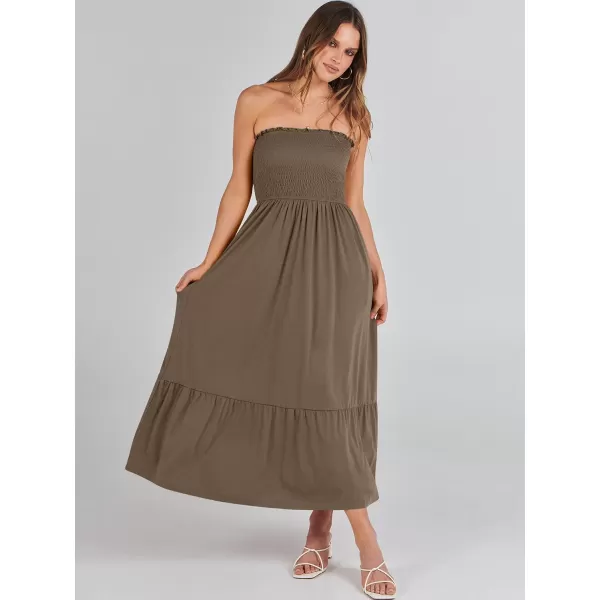 imageANRABESS Womens Summer Strapless Smocked ALine Fit Flare 2024 Fashion Boho Beach Party Long Maxi Dress with PocketsCoffee