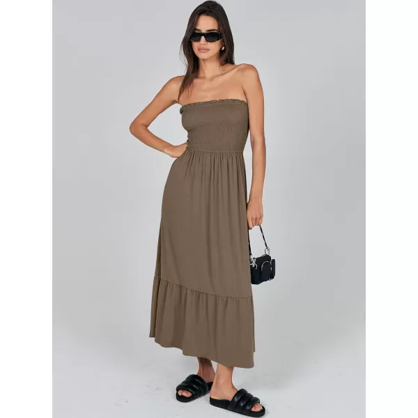 imageANRABESS Womens Summer Strapless Smocked ALine Fit Flare 2024 Fashion Boho Beach Party Long Maxi Dress with PocketsCoffee