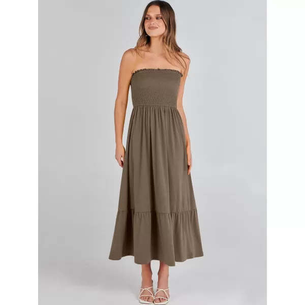 imageANRABESS Womens Summer Strapless Smocked ALine Fit Flare 2024 Fashion Boho Beach Party Long Maxi Dress with PocketsCoffee
