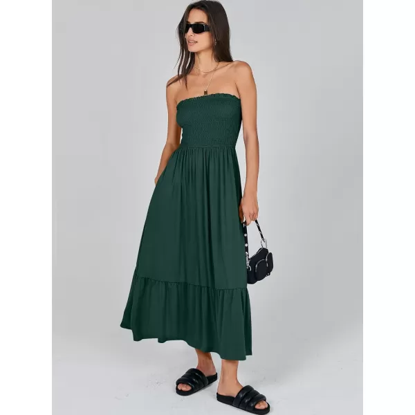 imageANRABESS Womens Summer Strapless Smocked ALine Fit Flare 2024 Fashion Boho Beach Party Long Maxi Dress with PocketsDeep Green