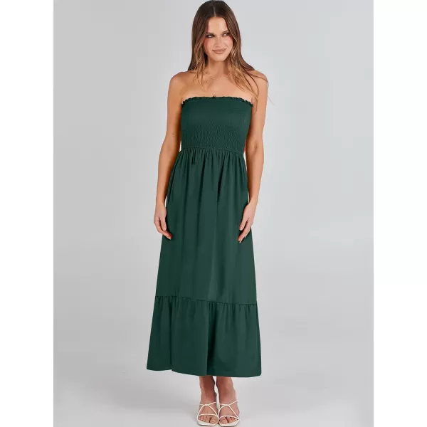 imageANRABESS Womens Summer Strapless Smocked ALine Fit Flare 2024 Fashion Boho Beach Party Long Maxi Dress with PocketsDeep Green