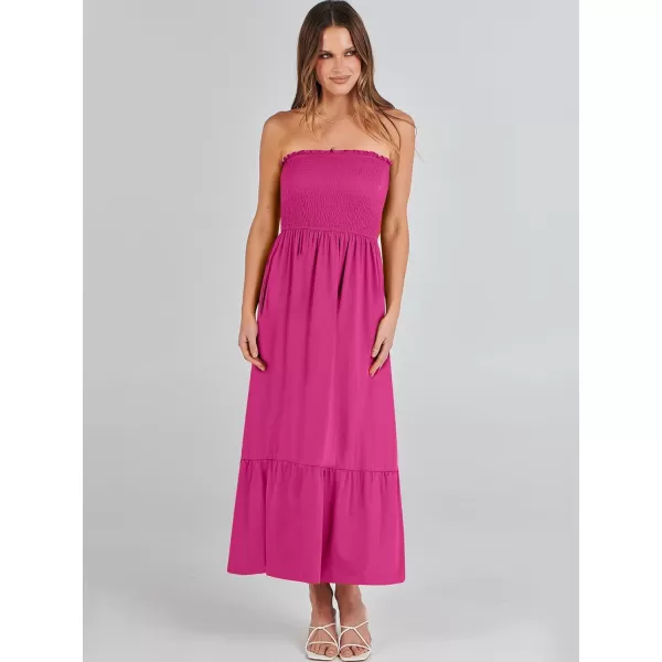 imageANRABESS Womens Summer Strapless Smocked ALine Fit Flare 2024 Fashion Boho Beach Party Long Maxi Dress with PocketsHot Pink