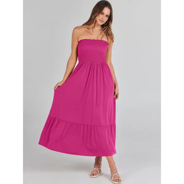 imageANRABESS Womens Summer Strapless Smocked ALine Fit Flare 2024 Fashion Boho Beach Party Long Maxi Dress with PocketsHot Pink