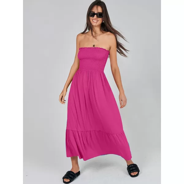 imageANRABESS Womens Summer Strapless Smocked ALine Fit Flare 2024 Fashion Boho Beach Party Long Maxi Dress with PocketsHot Pink