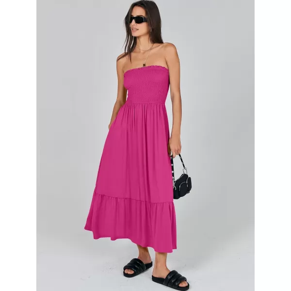 imageANRABESS Womens Summer Strapless Smocked ALine Fit Flare 2024 Fashion Boho Beach Party Long Maxi Dress with PocketsHot Pink