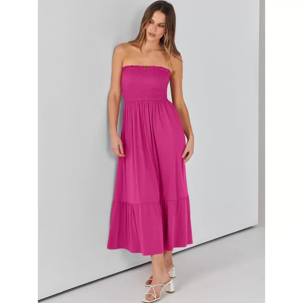 imageANRABESS Womens Summer Strapless Smocked ALine Fit Flare 2024 Fashion Boho Beach Party Long Maxi Dress with PocketsHot Pink