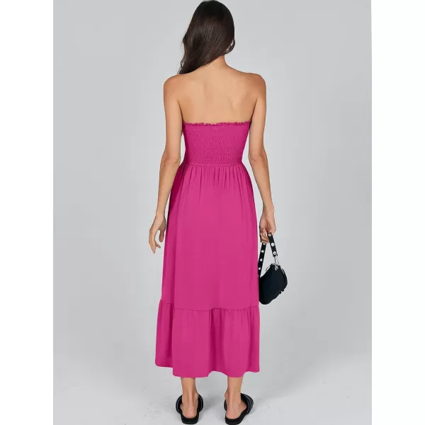 imageANRABESS Womens Summer Strapless Smocked ALine Fit Flare 2024 Fashion Boho Beach Party Long Maxi Dress with PocketsHot Pink