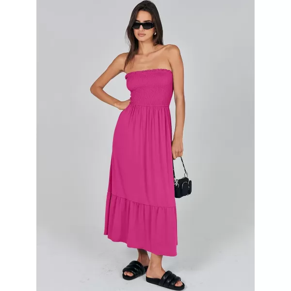 imageANRABESS Womens Summer Strapless Smocked ALine Fit Flare 2024 Fashion Boho Beach Party Long Maxi Dress with PocketsHot Pink