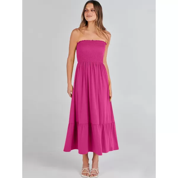 imageANRABESS Womens Summer Strapless Smocked ALine Fit Flare 2024 Fashion Boho Beach Party Long Maxi Dress with PocketsHot Pink