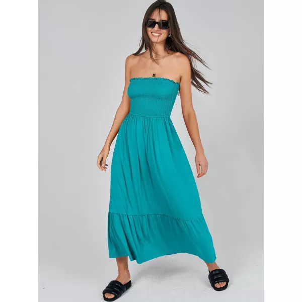 imageANRABESS Womens Summer Strapless Smocked ALine Fit Flare 2024 Fashion Boho Beach Party Long Maxi Dress with PocketsLake Green